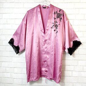 Fredrick’s Of Hollywood Pink Satin Black Floral Embroidery Black Lace Robe OS